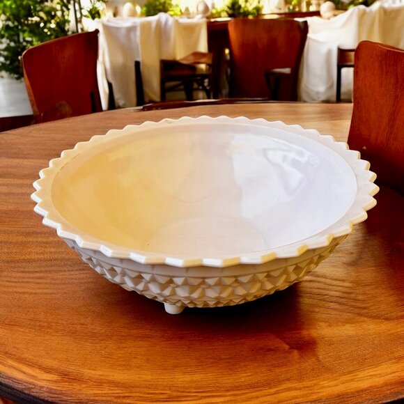 Vintage 50's Pink Milk Glass Bowl Jeannette Buttons & Bows Pattern Large Footed - Picture 5 of 14